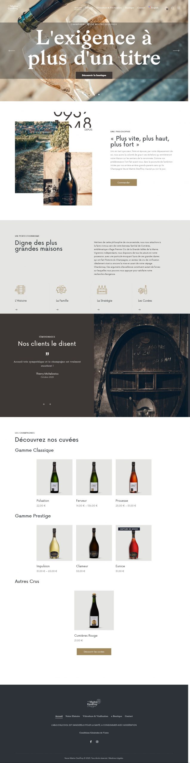 Page d'accueil française du site e-commerce Champagne Maitre Geoffroy